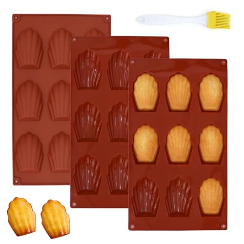 QEEYON 3 PCS Moules à Madeleine en Silicone avec 1 Pinceau, Anti-Adhésifs à 9 Cavités Moule Madeleine, Moules en Forme de Coquille pour Biscuits, Chocolat,...
