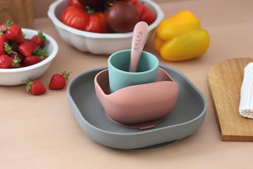 Image of BEABA Silicone 4-Piece Meal Set - Easy to Clean - Dishwasher and Microwave Safe - Soft, Unbreakable, Non-Slip Suction Bottom - Includes Plate, Bowl, Cup and 2nd Stage Silicone Spoon (Mineral)