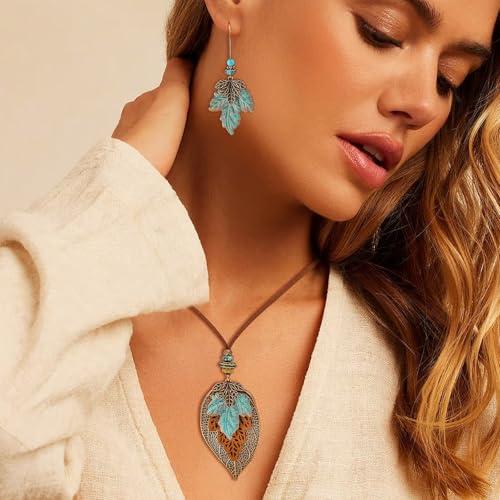 Wooden Leather Necklaces Set Bohemian Wood Stack Discs Long Chain Hemp Rope Bronze Plated Pendant Ethnic Tribal Fall Leaf Earrings Jewelry Statement Necklace 5