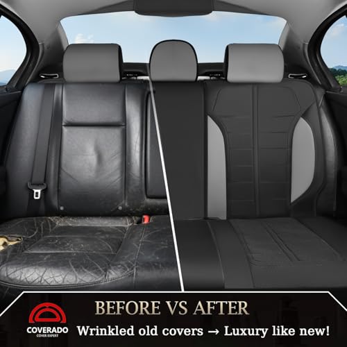 Image of Coverado Leather and Air Mesh Seat Cover, Car Seat Cover Rear Seats, 3D Breathable Seat Protectors Sports Carbon Fiber Airbag Compatible Comfort Universal for Most Cars, Van,Trucks, SUV, Black&Grey
