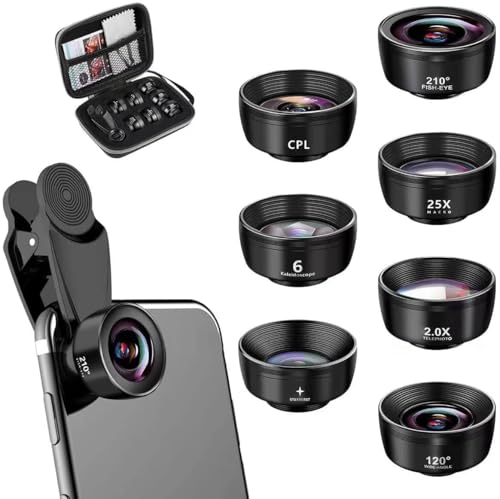 Textiluxe 7 en 1 Objectif Macro Smartphone, Objectif Fisheye 210° + Grand Angle 120° + Objectif Macro (25x) + Téléphoto, Kaléidoscope, Filtre CPL/Star pour Smartphone