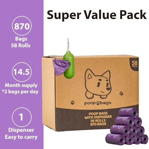 Image of Scented Dog Poop Bags With Dispenser, Strong and Leak-proof Waste Bags for Pets, 870 Count (58 Packs of 15), 13 Inch x 9 Inch (Purple)