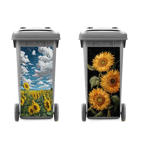 Image of 2 PC Trash Can Sticker 14.57 x 32.28 Inch Sunflower Floral Design Vinyl Sticker with Trio Bloom Field Sky and Cloud Pattern for Outdoor Garbage Bin Garden Yard Driveway Home Decor