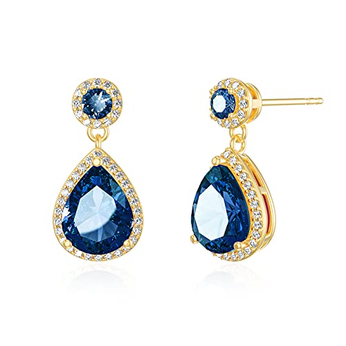 Toupop September Birthstone Stud Earrings For Women Girls Sapphire Teardrop Earrings 14K Gold Plated Sterling Silver Crystal Jewelry Birthday Gifts For Mom Her #TOP18