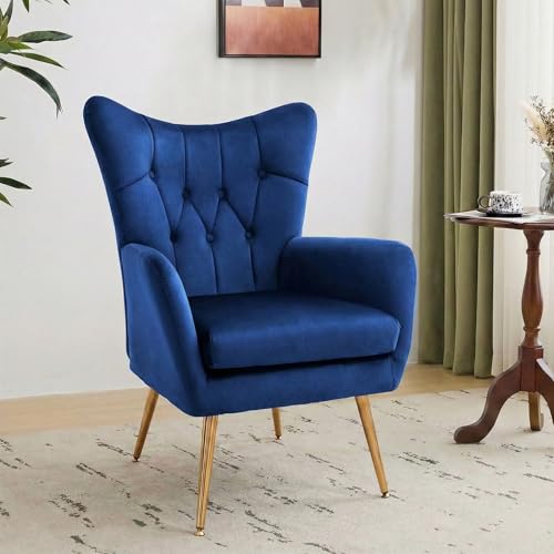 Container Furniture Direct Modern Chic Mid-Century Velvet Accent Armchair for Living Room, Bedroom, or Home Office, Button-Tufted Wingback Design with Gold Flared Legs, Navy Blue