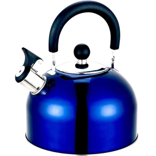 OLPRO Bouilloire sifflante en acier inoxydable de 2 litres – Durable, couleur bleue avec poignée ergonomique mobile, bec rabattable et sifflet puissant – Idéale pour le camping et les festivals