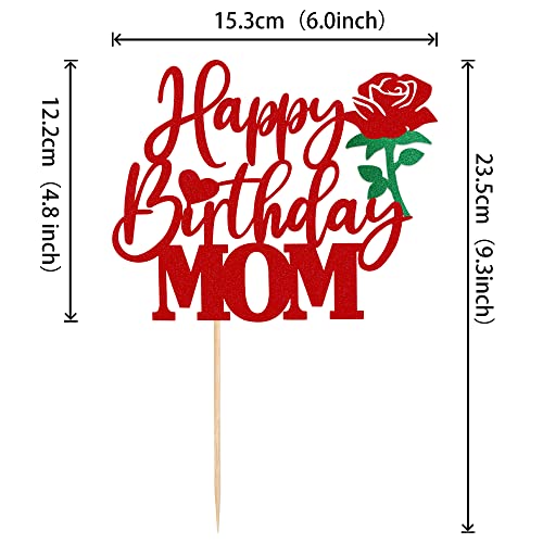 1 Pcs Happy Birthday Mom Cake Topper With Glitter Rose Flower Best Mom Love Mother Cake Pick Decorations For Happy Mother's Day Theme Women Birthday Party Supplies Red #TOP1