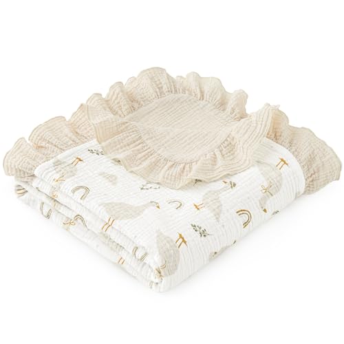 Image of david's kids Flounce Muslin Baby Blanket for Girls Boys, 100% Cotton Soft Crib Swaddle Blankets, Reversible & Breathable Nursery Bedding for Newborns Toddlers, 47 x 47 Inches (Goose)