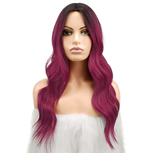 FESHFEN Long Wavy Ombre Burgundy Wigs for Women 22 Inch Middle Parting Natural Looking Synthetic Hair Fashion Curly Wig for Party Cosplay Daily Use - Image 2