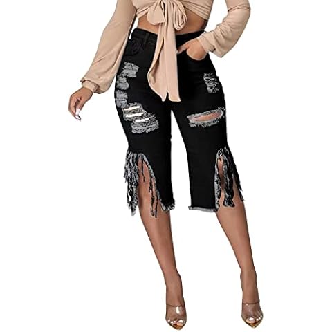 LalaLin Sexy Bermuda Shorts for Women Destroyed Washed Hole Stretchy Bermuda Mid Ripped Denim Short Jeans Cover