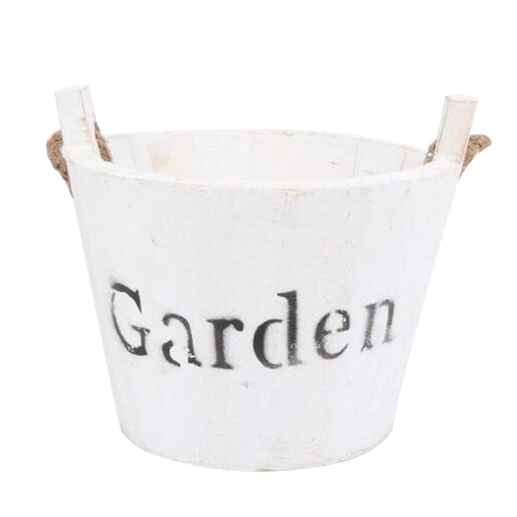 GIANTE Vintage Wood Bucket Shabby Chic Flower Pots Garden Planter Pot Round White 70011368GI