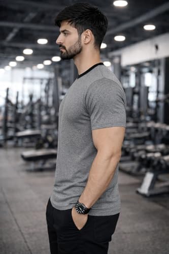 Image of Men's Solid Gym T-Shirt | Slim Fit Gym & Training Tee | Breathable Stretch Fabric | Round Neck Sports Wear for Workout
