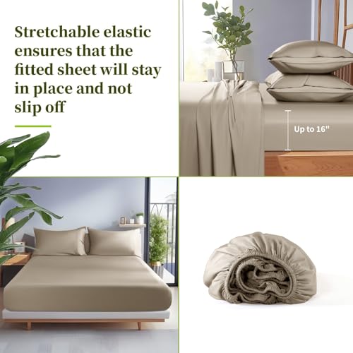 Shilucheng 100% Viscose Derived from Bamboo_ Sheets Queen Size 6pcs - Ultra Cooling & Silky Soft Bed Sheets, 16" Deep Pocket, Perfect for Hot Sleepers, Hotel Bedding Sheets (Simply Taupe)