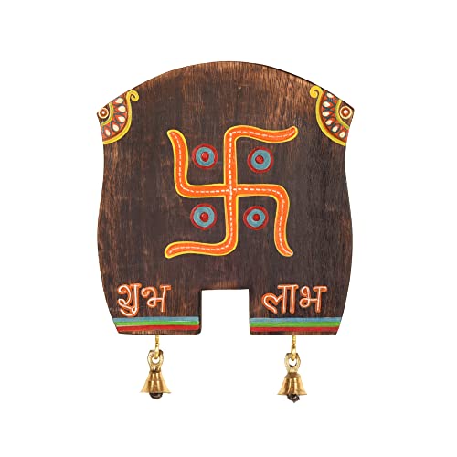 Image of AAKRITI ART CREATIONS Handcrafted 'Swastika' Hanging Board, Abstract Art Wooden Wall Hanging Panel Set of 1, Brown Wall | Matte Finish Wooden | Home Decor for Living Room, Entrance, Office