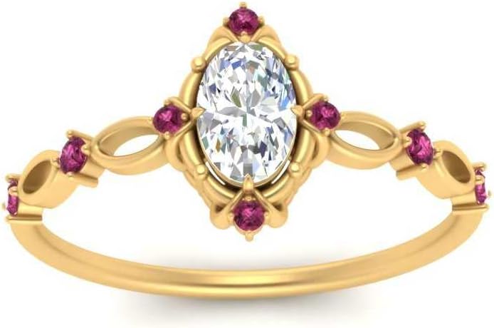 Choose Your Gemstone Oval Halo Antique Delicate Diamond CZ Ring Yellow Gold Plated Oval Shape Vintage Engagement Rings Lightweight Office Wear Everyday Gift Jewelry US Size 4 to 12