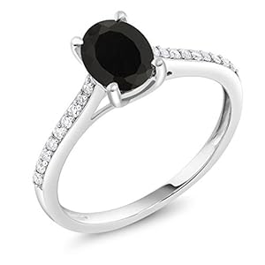 Gem Stone King 10K White Gold Black Onyx and Diamond Women Engagement Solitaire Ring (1.35 Cttw, Oval 8X6MM, Gemstone Birthstone, Available In Size 5, 6, 7, 8, 9)