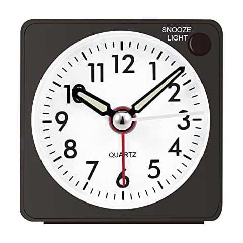 TACHIO Mini Size Alarm Clock, Analogue Alarm Clock, No Ticking, Travel Alarm Clock with Night Light and Snooze, Battery Operated, Portable Alarm Clock for Bedroom, Office, Travel (Black) Cover
