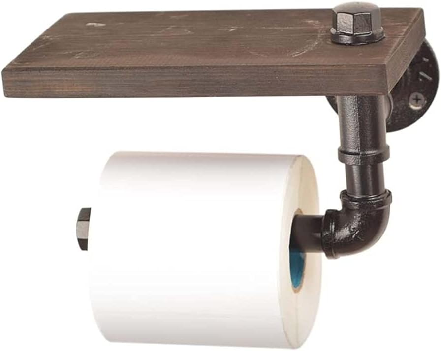 Toilet Paper Holder Rustic Bathroom Shelves, Industrial Retro Iron Toilet Paper Holder, Bathroom Hotel Roll Paper, Tissue Hanging Rack Wooden Shelf Wall Mounted