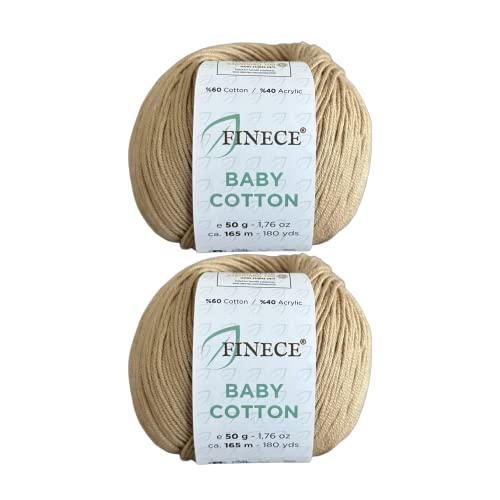 Finece Baby Cotton, 60% Cotton 40% Acrylic Yarn, Fine (2) For Crochet And Knitting 2 X 1.76 Oz (2 X 50G) / 2 X 180 Yrds (2 X 165M), Soft Yarn, Amigurumi Yarn (2 Skeins, 3024 - Camel) #TOP11