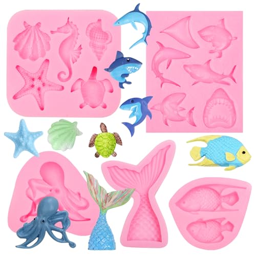 Mermaid Tail Candy Mold, Sea Theme Shark Fish Octopus Silicone Molds, Marine Turtle Starfish Shell Seahorse Chocolate Baking Mold for Cake Decoration Cupcake Topper Fondant Clay Resin