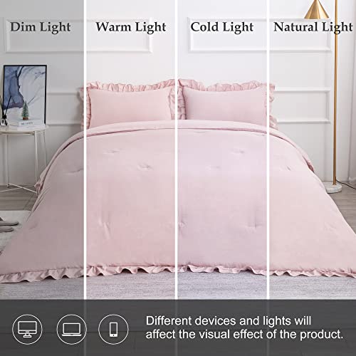 Blush Pink Comforter Set King Size (104X90 Inch) 3 Pieces - Soft Fluffy Ruffled Comforter Sets All Season Lightweight Duvet Insert With 2 Shams For Girls Bedroom Microfiber Down Alternative #TOP5