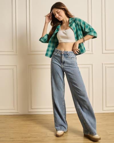 Image of Chimpaaanzee Women Checks Half Sleeve Crop Shirt