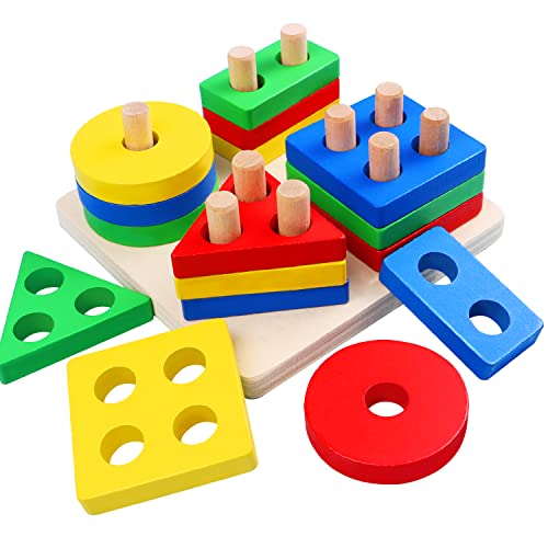 Montessori Toys for 2 Year Old Toddlers Boys Girls, Wooden Learning Toys for Toddlers Kids Preschool, Educational Sorting & Stacking Toys Color Recognition Stacker Shape Sorter, Wooden Puzzles