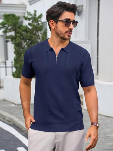 Runcati Mens Knit Polo Shirts Quarter Zip Short Sleeve Textured Casual Golf Shirt Summer Stretchy Slim Fit Collared T Shirts2