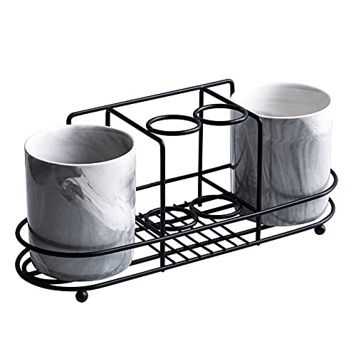 Yundu Black Bathroom Electric Toothbrush Holder, 5 Slots Stainless Steel Accessories Organizer With Two Marble Bathroom Cups, Self Adhesive Wallmount/Countertop #TOP17