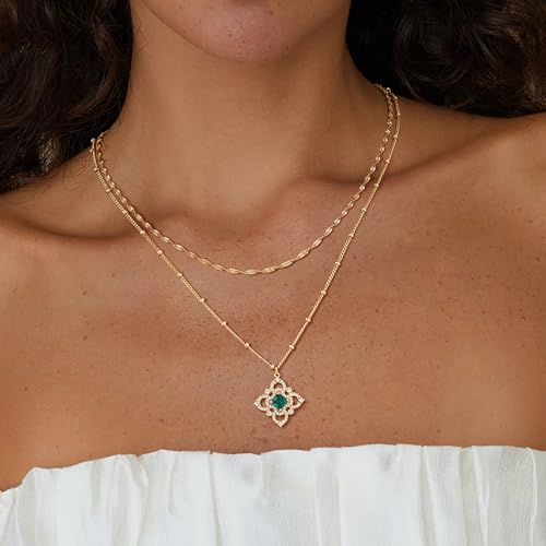 Fettero Layered Gold Necklaces for Women Dainty Necklace 14K Gold Plated Layered Necklaces Trendy Charm Floral Clover Pendant Necklace Stack Neckalce Jewelry Set for Engagement Birthday2
