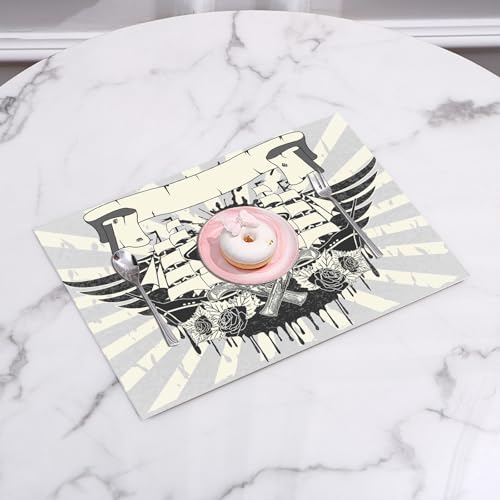 QRFASFZO Set di 6 Tovagliette Americana Plastica Lavabili, antiscivolo, lavabili, in PVC, resistenti al calore,Pirata, vecchia nave a vela astratta, fregata, rose e cannoni, teschio pirata vi,45x30cm