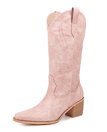 Image of Pasuot Cowboy Boots for Women - Cowgirl Western Mid Calf Boots with Embroidery, Pointed Toe Retro Chunky Heel Slip On Fashion Classic Short Boots Pull On for Ladies Summer Fall