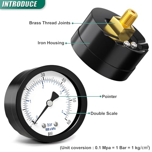 Image of 0-60PSI Well Pump Pressure Gauge 2 inch Dial Size, 1 /8 inch NPT Back Mount, 3-2-3% Accuracy, for Tube, Water Pump, Gas, Liquid, Pressure Test