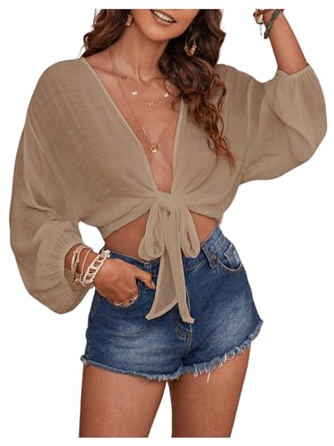 GORGLITTER Women's Tie Front Tops Bow Sheer Lantern Long Sleeve Blouse Fashion Spring Summer Outfits...