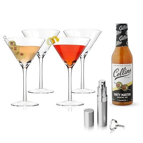 Martini Atomizer, Dirty Martini Mix, and Cocktail Glasses Set, Includes 15 ml Vermouth Sprayer, 12.7 oz Olive Brine Cocktail Mixer, 4 Crystal Drinking Glasses, Perfect for Home Bars and Gifts
