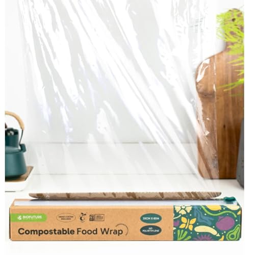 Pellicola trasparente biodegradabile con taglierina, 60 m x 30 cm, compostabile, senza BPA, adatta al congelatore, resistente agli strappi, ecologica, per uso domestico, cucina e uso commerciale