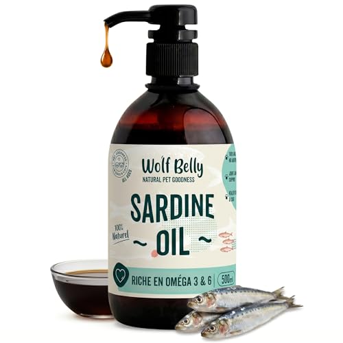 Wolf Belly - Huile de Sardine pour Chien et Chat 100% Naturel (500 ML) Omega 3,6,9 et Vitamine E | Peau Saine et Pelage Brillant | Articulations Fortes | Système Immunitaire Sain - Fabriqué en UE