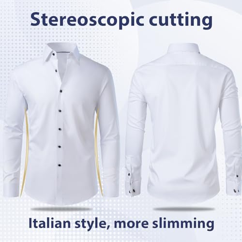 Gollnwe Men's Dress Shirt French Cuff Shirt for Men Slim Fit Stretch Spread Collar with Metal Cufflink3