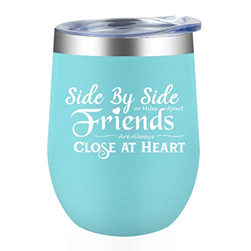 Hottest Sales Side by Side or Miles Apart Friends are Always Close at Heart, Dorkar Wine Tumbler with Sayings for Friends, 12oz Stainless Steel Wine Mug with Lids for Women Men Birthday Christmas Birthday Gifts