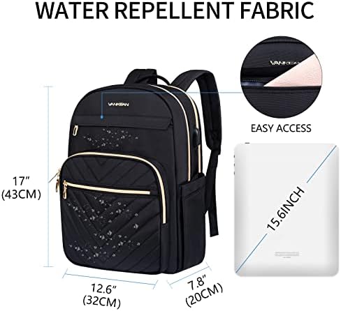 VANKEAN 15.6 Inch Laptop Backpack for Women Men Work Laptop Bag Fashion with USB Port, Waterproof Purse Backpacks Teacher Nurse Stylish Travel Bags Casual Daypacks for School, College, Business, Black