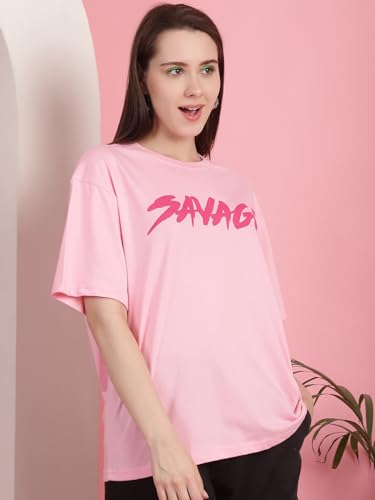 Image of Preneum Women's Cotton Cool Graphic Printed Baggy Fit Drop-Shoulder Sleeves Cotton Oversized T-Shirt