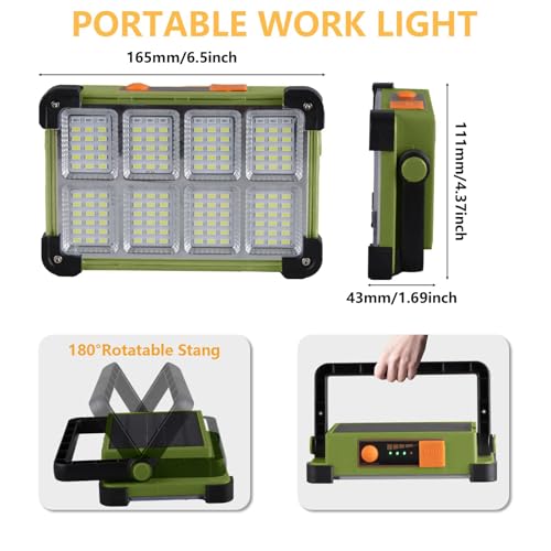 Image of YXQUA 120W Solar Rechargeable Work Light, 144 LED Portable Flood Light with Stand, IP66 Waterproof 4 Modes LED Job Site Lighting Flashlights for Mechanic Camping Fishing Car Repair(Green 1 Pack)