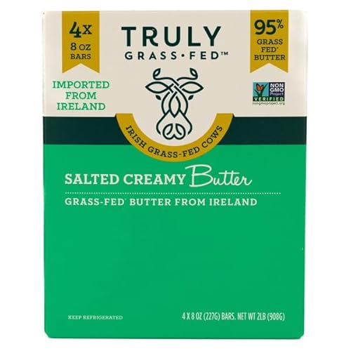 Salted Creamy Butter, 8 oz, 4-count, 95% Grass Fed Butter; Irish Grass-Fed Cows; Imported from Ireland; Non-GMO Project Verified; 4-8 oz. Bars.