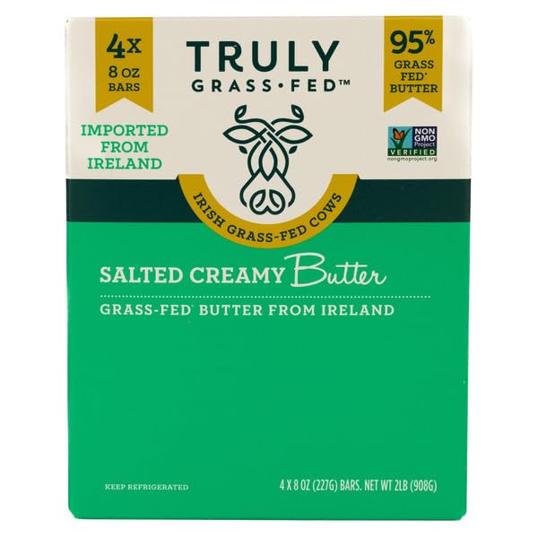 Salted Creamy Butter, 8 oz, 4-count, 95% Grass Fed Butter; Irish Grass-Fed Cows; Imported from Ireland; Non-GMO Project Verified; 4-8 oz. Bars.