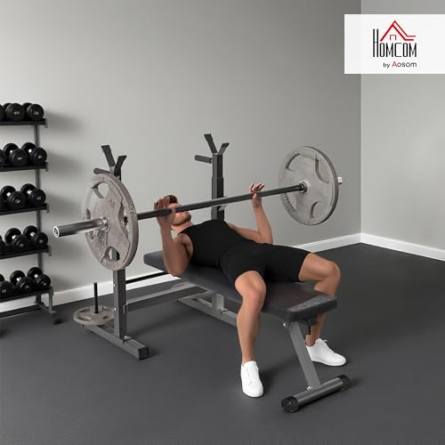 Homcom Panca Da Palestra Pieghevole Con Supporto Per Bilanciere Regolabile In 8 Posizioni, Panca Pesi In Acciaio E Pu Per Palestra Casa, Portata 220 Kg, 140X73X98-122 Cm, Grigio - 2
