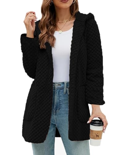 ABYOVRT Damen Hoodie Jacke Oversize Fleecemantel Winter Plüschjacke Langarm Wintermantel Lang Warm Cardigan Kapuzenpullover Sweatshirt Strickjacke Kapuzenjacke Winterjacke mit Taschen,Schwarz,M