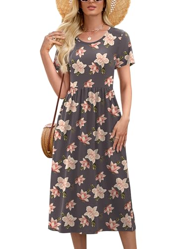 Image of Heymoments Women's Casual Short Sleeve Midi Dress Crewneck A Line Tiered Flowy Loose Travel Long Dresses with Pockets