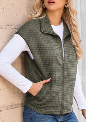 Women's Vest Tops Zip Up Cap Sleeve Waffle Knit Oversized Sleeveless Jacket Vests Outerwear with Pockets3