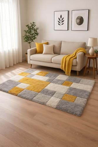 Image of Carpet for Hallway, Kitchen, and Modern Interiors, Cozy Shag Runner for Living Room, Entryway & Office Decor Size 6x9 feet Yellow B 3D