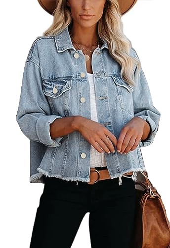 Jayscreate Women's Jean Denim Jacket Pockets Oversized Ripped Short Light Cropped Mini Lightweight Ladies Denim Jacket